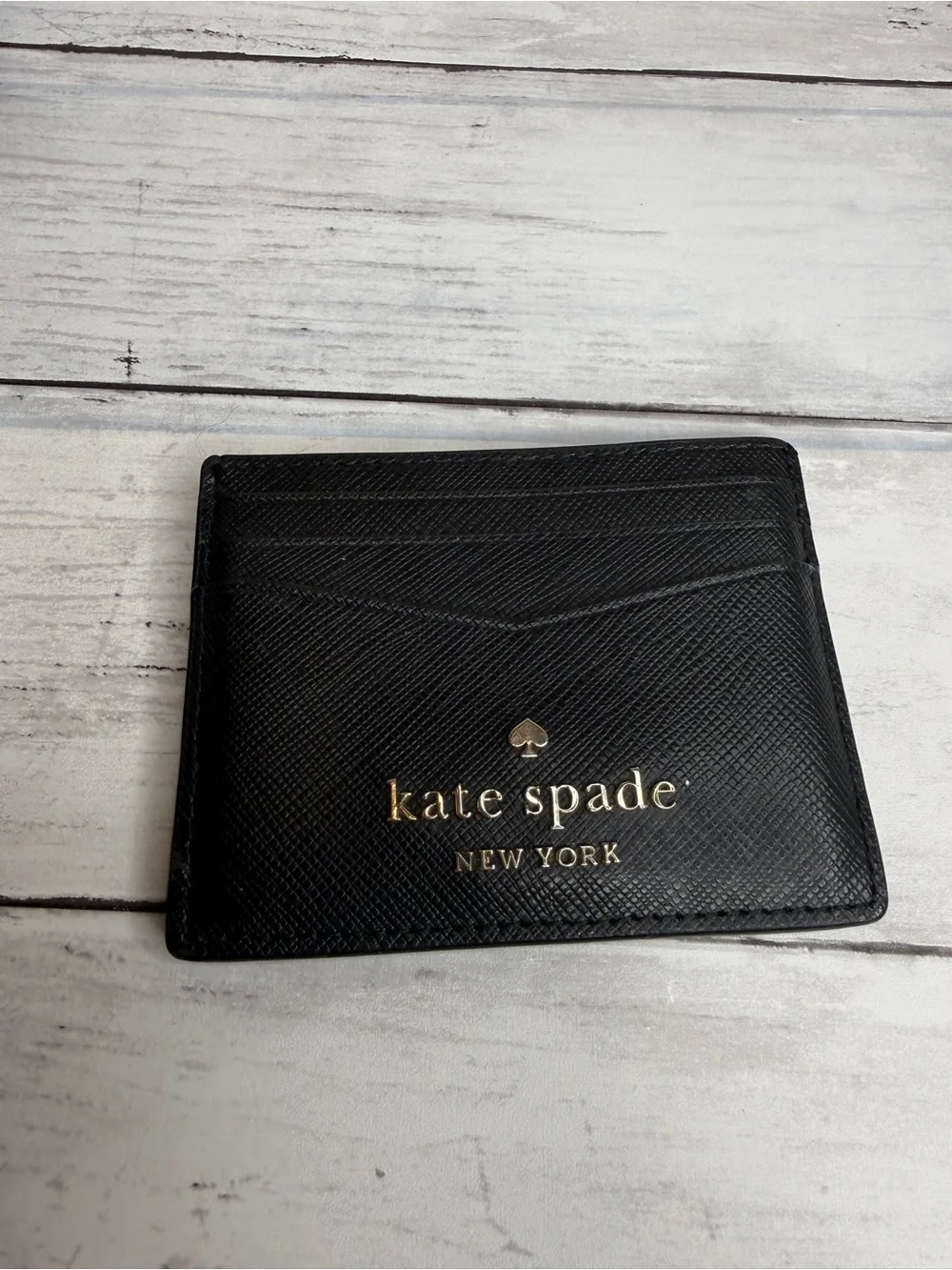 kate spade Black Leather Gold-Logo Slim Card Holder